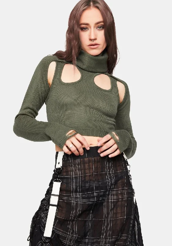 Trend Forward Women's Wear Distortion Olive Knit Cutout Turtleneck Top