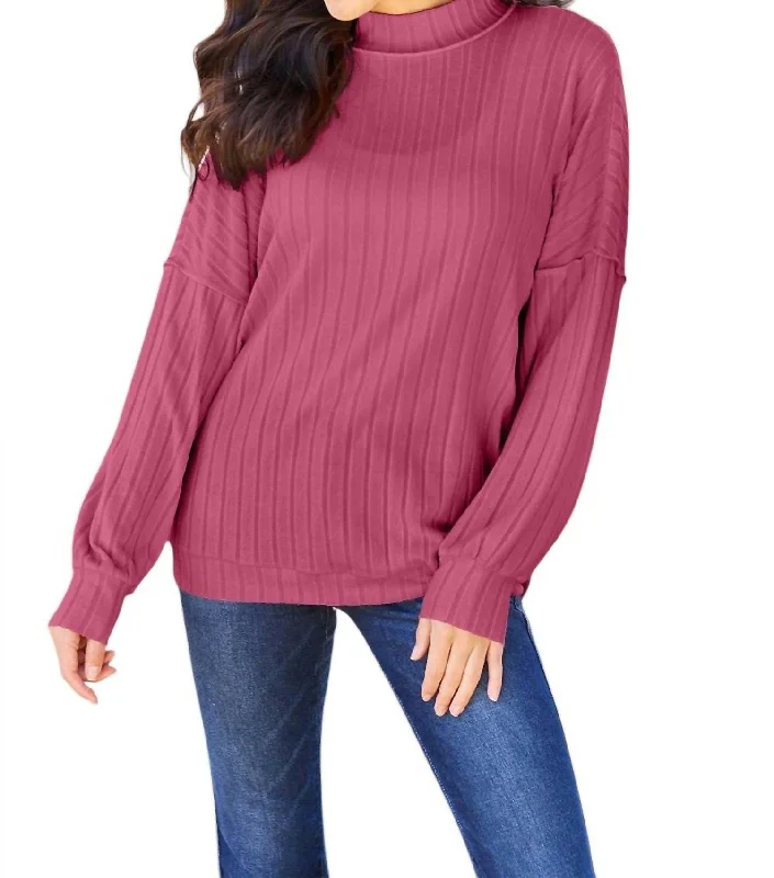 Summer Fashion Sleek Ribbed Mock Neck Knit Top In Deep Rose