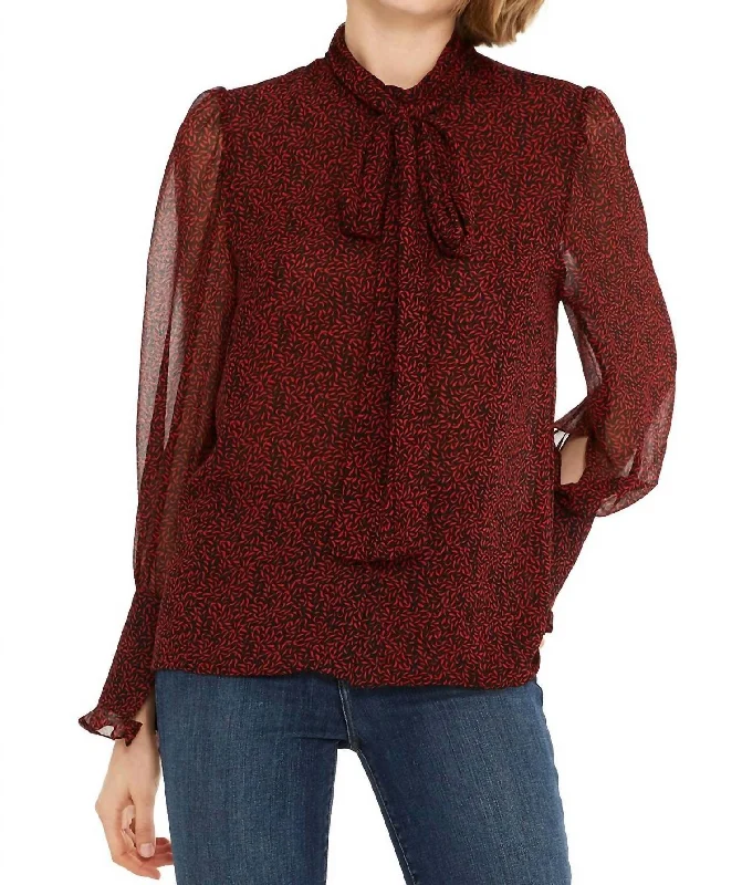 Hot Styles Emina Tie-Neck Blouse In Black/red