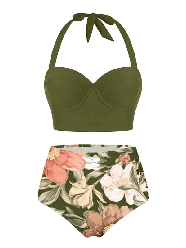 Fashion Forward Olive 1950s Lace-Up Halter Flowers Bikini Set