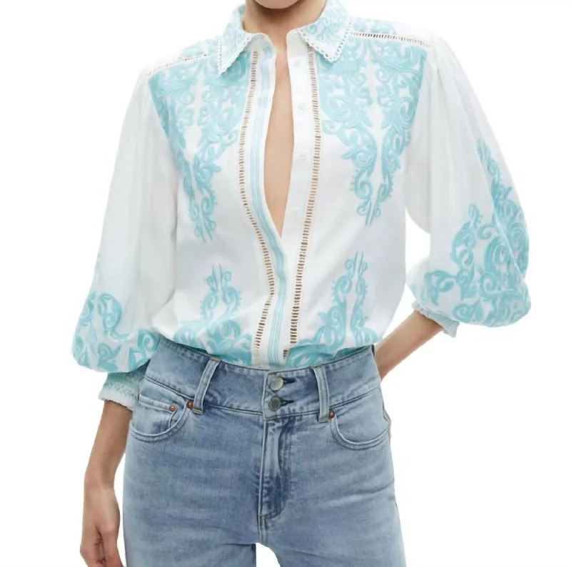 Fashion Sale Loryn Embroidered Button Down Blouse In Off White/spring Sky