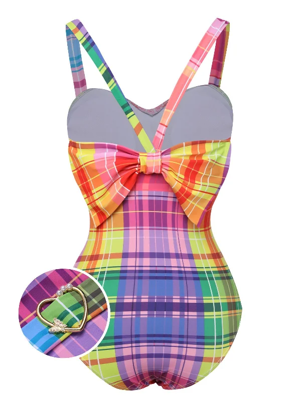 Special Occasion Wear Multicolor 1970s Rainbow Plaid Bow Swimsuit