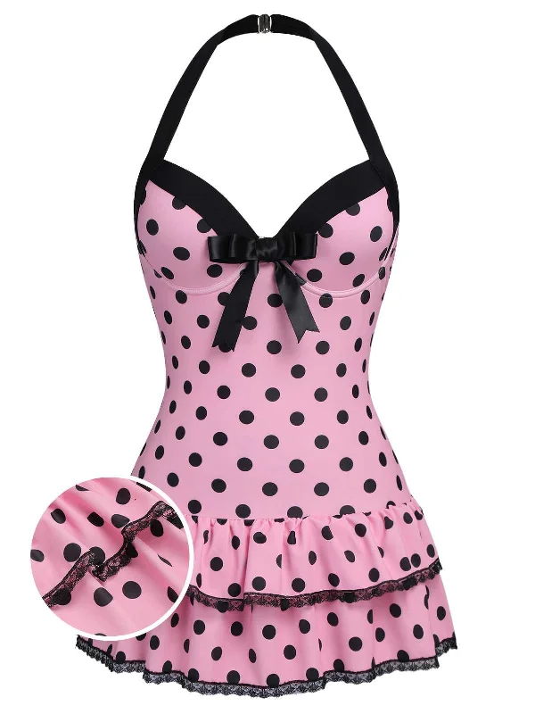 Quality Wear Pink 1940s Halter Polka Dots Bow One-Piece Swimsuit