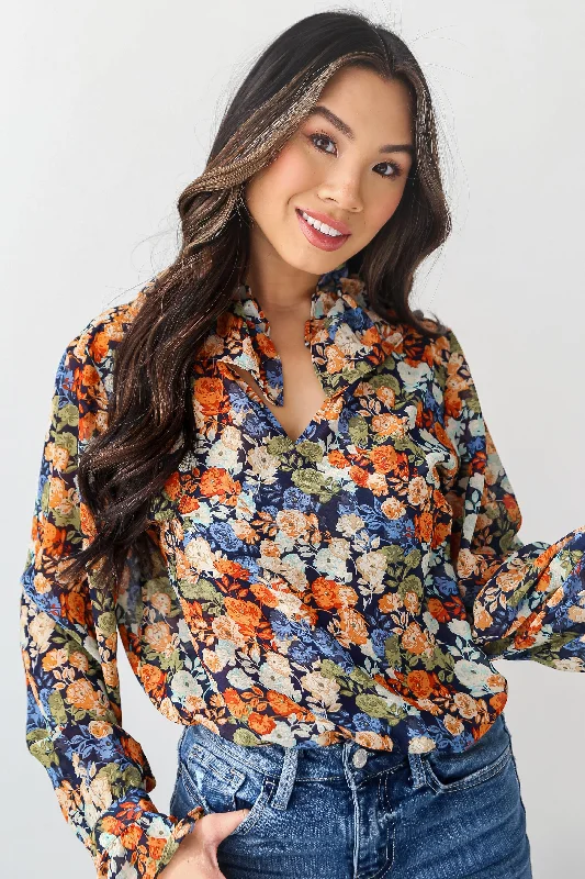 Premium Fashion FINAL SALE - Flowering Aesthetic Navy Floral Blouse