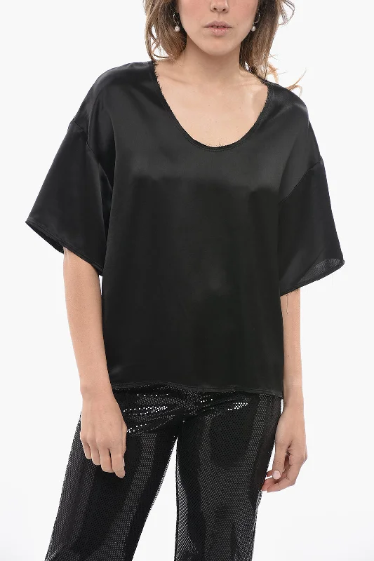 Elegant Attire For The Modern Lady By Malene Birger Solid Color Satin Crew-neck Blouse