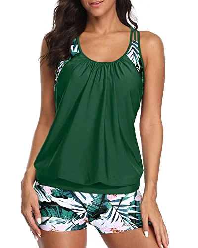 Additional Time-Limited Offers Modest Coverage Tankini Swimsuits T-Back Blouson Tops And Boy Shorts-Green Tropical Floral