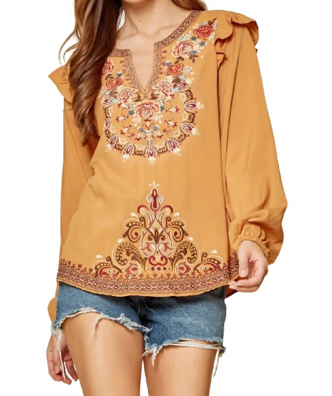 Trendy Threads Ruffle Detail Embroidered Blouse In Marigold