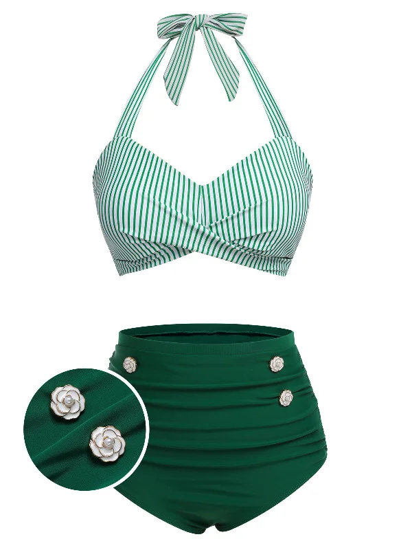 Seasonal Style Discounts Green 1940s Striped Halter Swimsuit Set