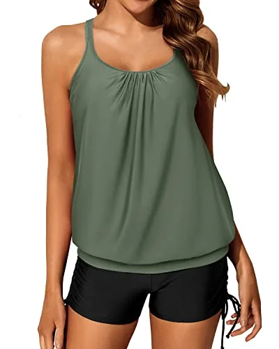 Spring Wardrobe Women's Push Up Drawstring Adjustable Blouson Tankini Swimsuits-Olive Green