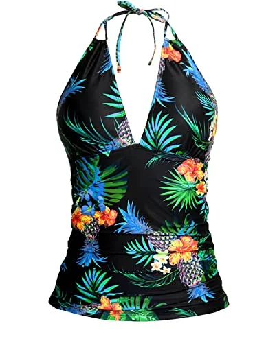 Runway Inspired Wear V Neck Halter Tankini Top Double Straps Shirred Open Back Swimwear-Black Pineapple