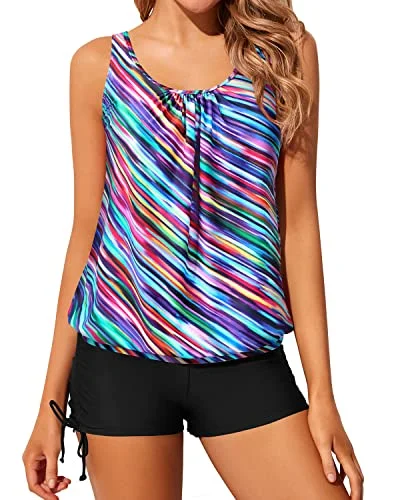 Limited Time Built-In Sports Bras Tankini Swimsuits For Women Tops Boyshorts-Color Oblique Stripe