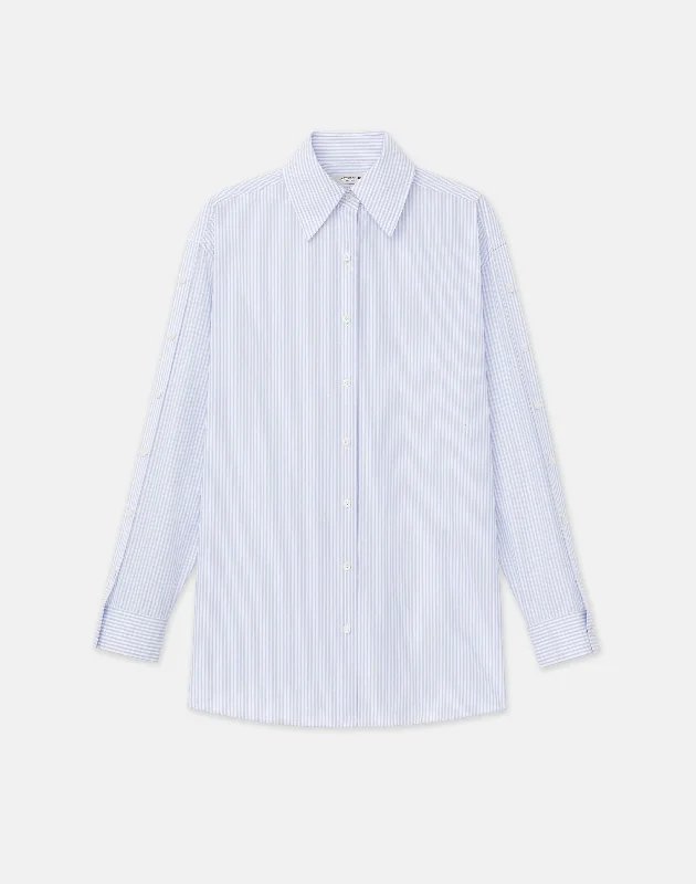 Parisian Effortless Chic Style Stripe Cotton Poplin Button Sleeve Oversized Shirt