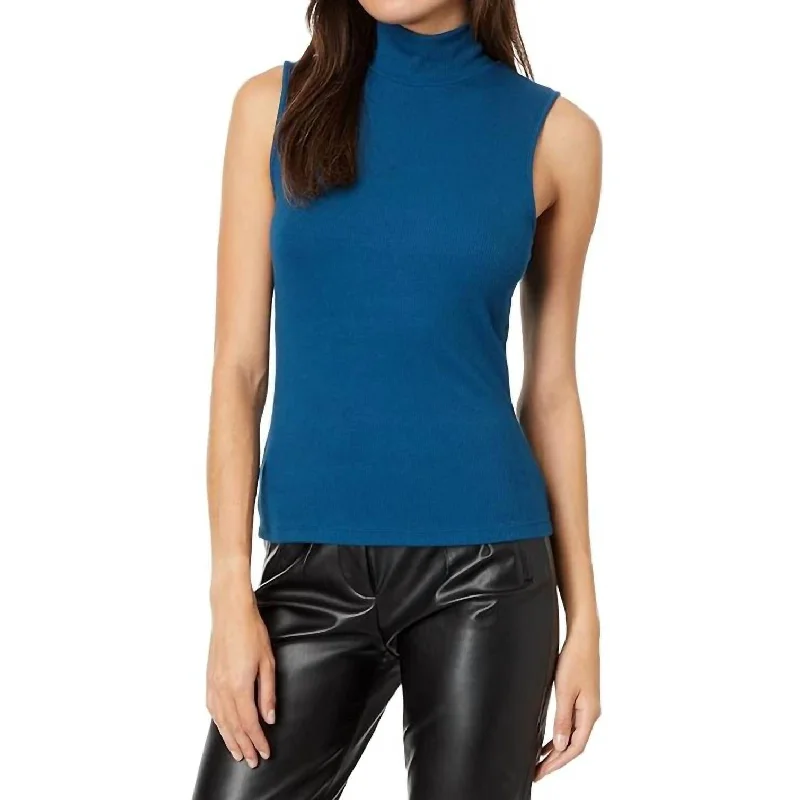 Festival Fashion Essential Sleeveless Mock Neck Top In Blue Jewel