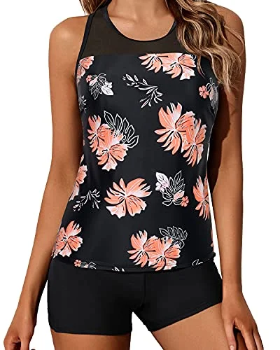 Daily Essentials Ladies Mid-Waist Solid Boyleg Bottom Tankini Swimsuit-Black Orange Floral