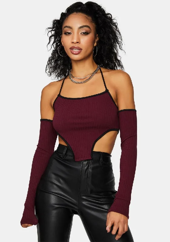 Sophisticated Style Wine Keep Up Halter Crop Top With Arm Warmers