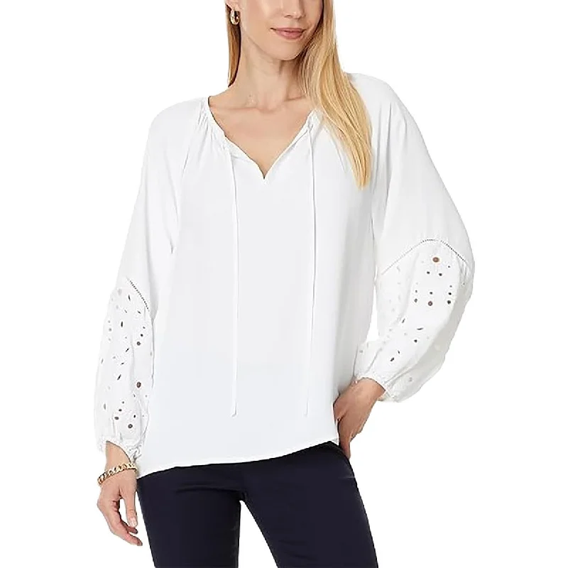 Evening Looks Womens Eyelet Tie Neck Blouse