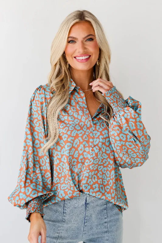 Chic & Cozy Collection FINAL SALE - Instant Attraction Light Blue Satin Leopard Blouse