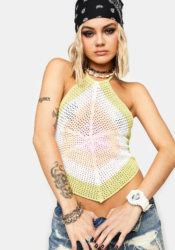 High End Designer Brands Discount Glow Power Crochet Halter Top