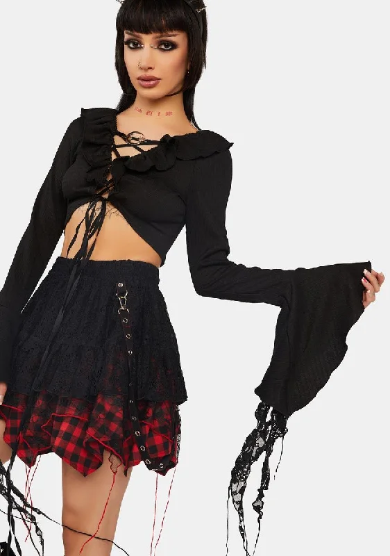 Elegant Fashion Gothic Witch Ripped Sleeves Ruffle Neck Crop Top