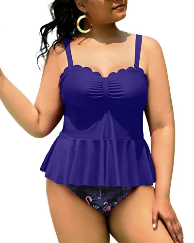 Quality Wear Tummy Control Bathing Suits Scalloped Design For Curvy Women-Blue Flamingo