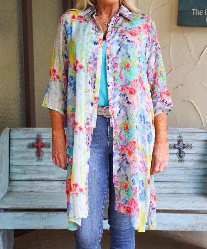 Mother's Day Special Button Down Long Top Or Kimono With Side Slits In Multi Colored Floral