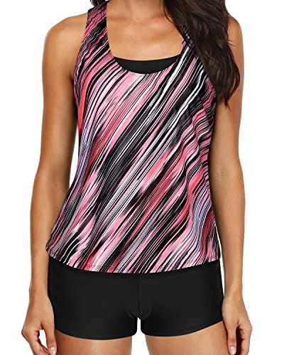 Cutting Edge Fashion Women's Push Up Padded Tankini Top And D-Ring Strappy Swimsuit-Pink Stripe