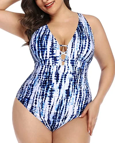 Chic Styles Push Up Padded Bra Plus Size One Piece Swimsuit For Women-Blue Tie Dye