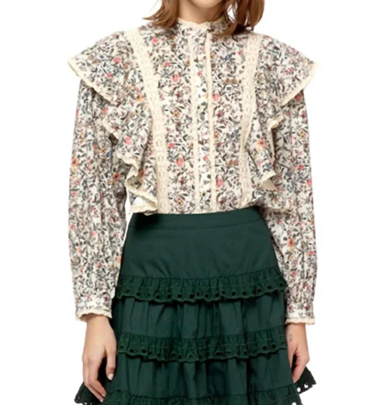 Great Prices On Feminine Styles Lace Trimmed Button Down Top In Wildflower