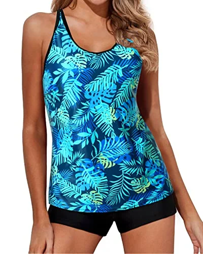 Special Offer For You Adjustable Tankini Swimsuits For Women Mid-Waist Boy Short Bottoms-Blue Leaves