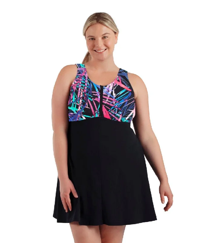 Durable Fashion Picks AquaSport Zip Front Swim Dress Sunset Palm Print Black