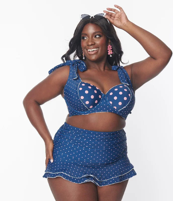 Save Big Unique Vintage Plus Size Navy & Pink Pin Dot Totally Tied Up Swim Top