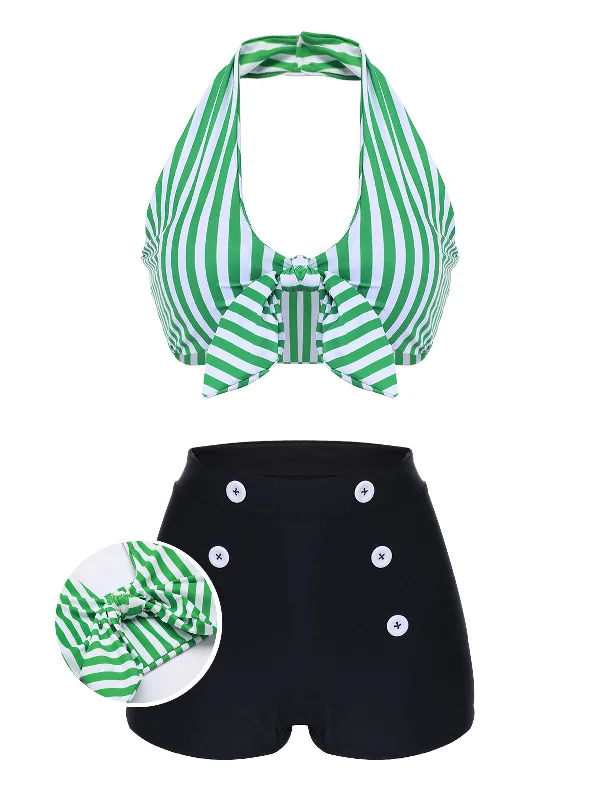 Discover Now Green 1950s Retro Halter Stripes Bikini Set