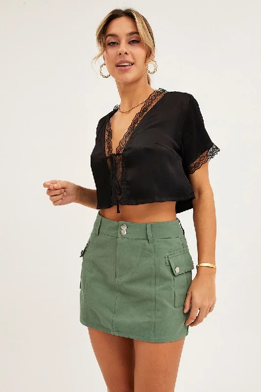 Stylish Statements Black Satin Top Short Sleeve