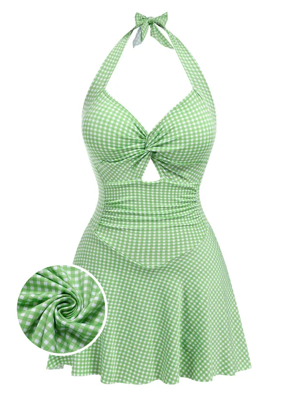 Preppy Style Light Green 1930s Plaid Halter One-Piece Swimsuit