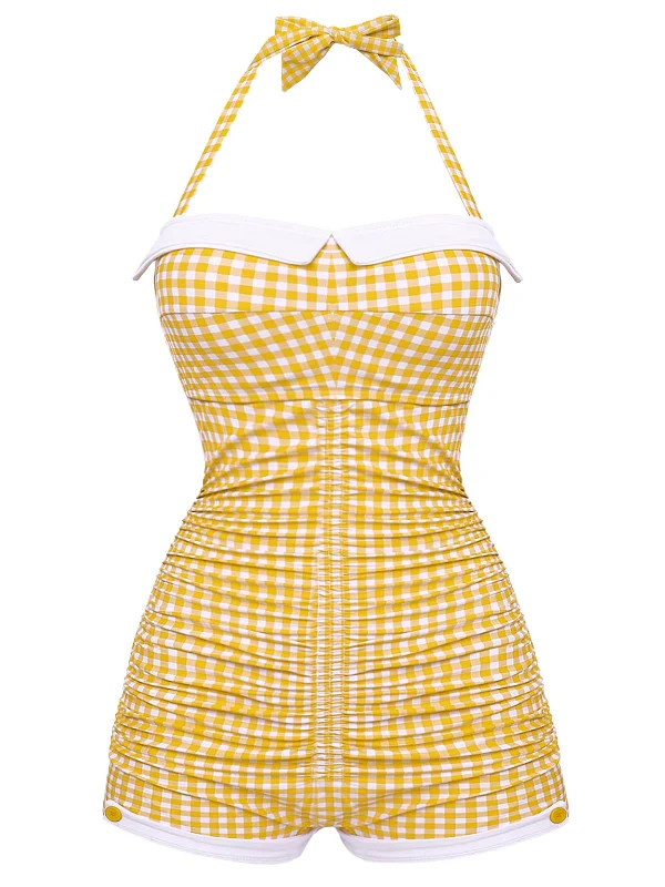 Chic & Cozy Apparel Gingham 1950s Halter Bowknot One-piece Swimsuit