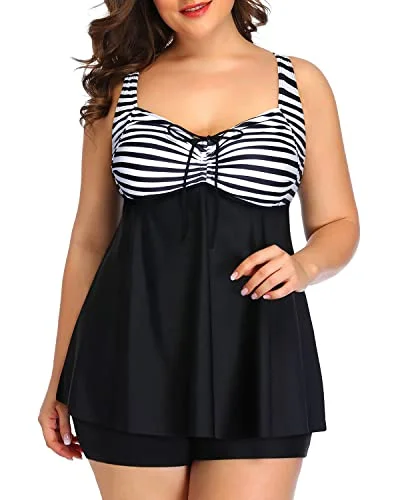 Enjoy Discount Plus Size Flyaway Bathing Suits Tankini Swimsuits Shorts-Black And White Stripe