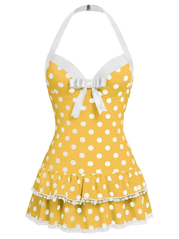 Art Deco Geometric Pattern Look Yellow 1940s Halter Polka Dots Bow Swimsuit