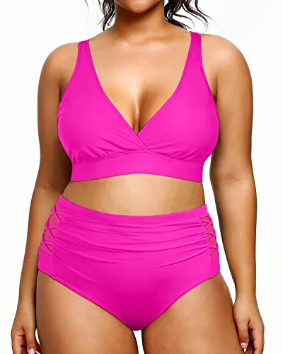 Flash Sale Event V Neck Plus Size Bikini Two Piece Bathing Suits Slimming Swimwear-Neon Pink