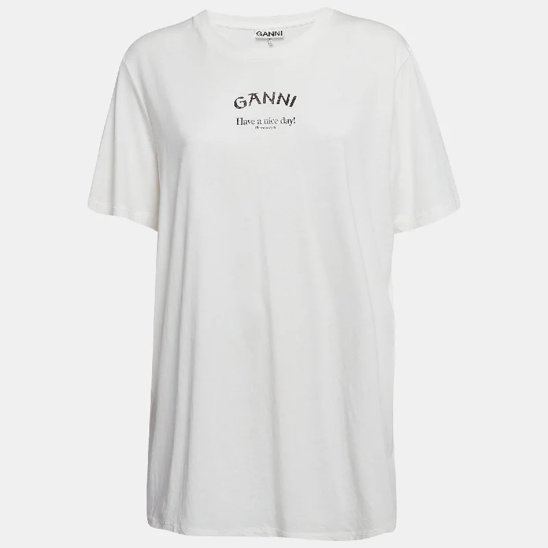 Athleisure Wear Promotion Ganni White Printed Cotton Knit Crew Neck T-Shirt