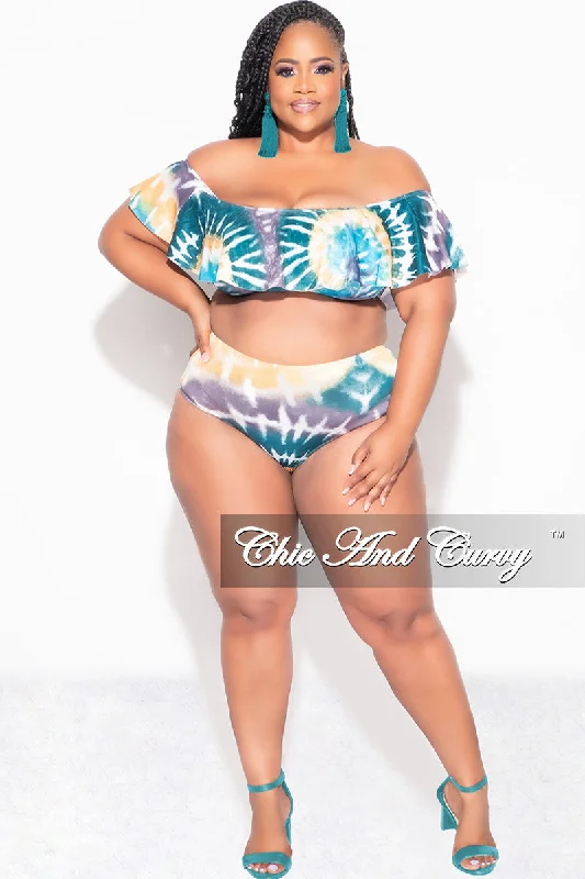 Trend Driven Wardrobe Final Sale Plus Size Tie Dye Ruffle Bikini Set in Teal / Mustard Tie Dye Print