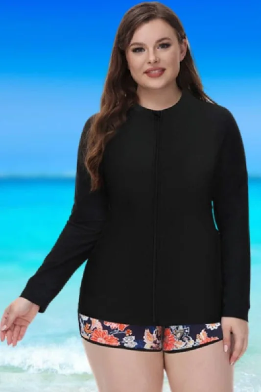 Stylish Savings Black Long Sleeve Zip-up Jacket 3pcs Tankini Set