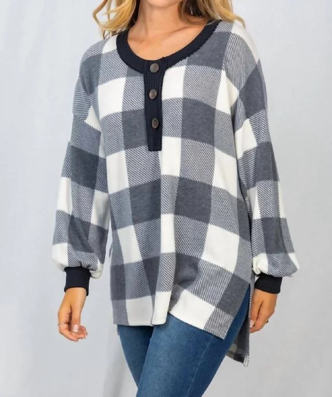 Save Big Buffalo Plaid Knit Top In Faded Charcoal/ivory