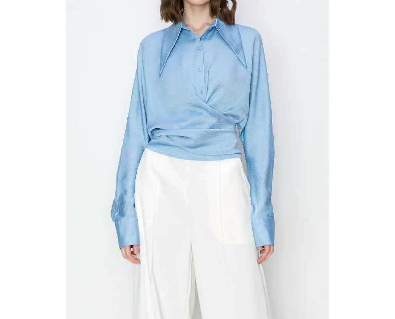 Unleash Your Trendy Side Satin Wrap Cross Knot Detail Blouse In Blue