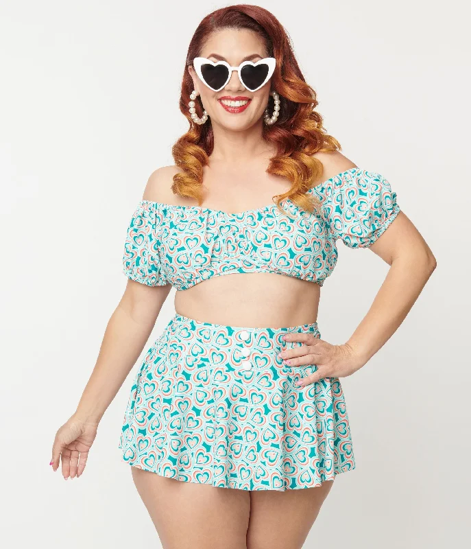 Exclusive Sale Unique Vintage Plus Size 1940s Turquoise Retro Hearts Off The Shoulder Swim Top