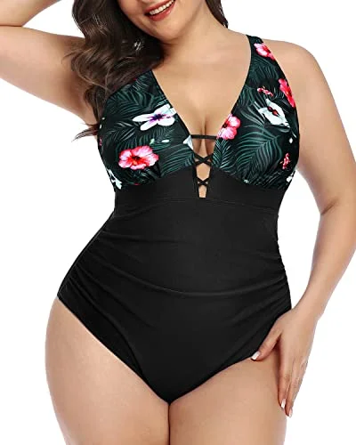 Trendy Styles High Waisted Line Plus Size Ruched One Piece Swimsuit-Black Floral