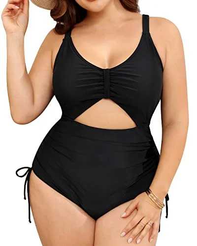 Early Access To Art Deco Styles Sale Women Plus Size One Piece Swimsuits Deep V Neck Lace Up Swimwear-Black