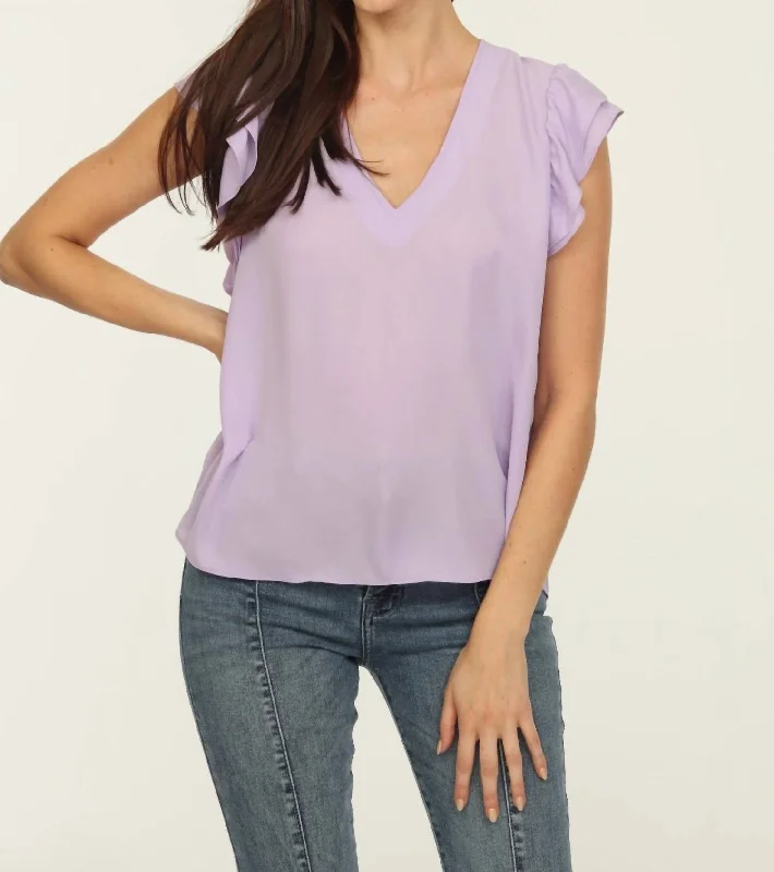 Elegant Styles V-Neck Ruffle Blouse In Lavender