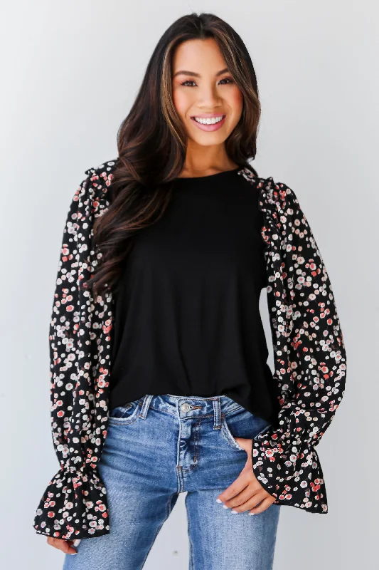 Ride The Style Wave FINAL SALE - Instinctively Sweet Black Floral Sleeve Blouse