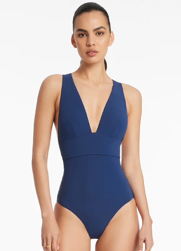 Chic Casual Style Jetset Plunge Tie Back One Piece - Pacific Blue