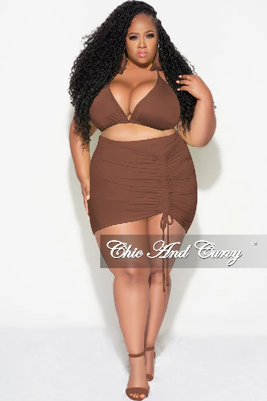 Fashion Forward Final Sale Plus Size 3pc Set Bikini Top, Briefs & Ruched Skirt in Brown Summer